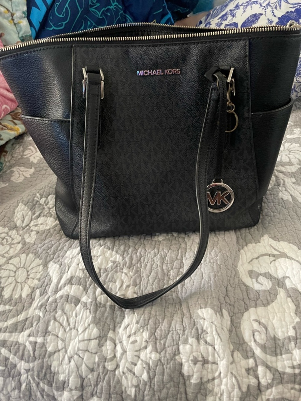 Michael Kors Black Logo Shoulder Tote with MK Charm